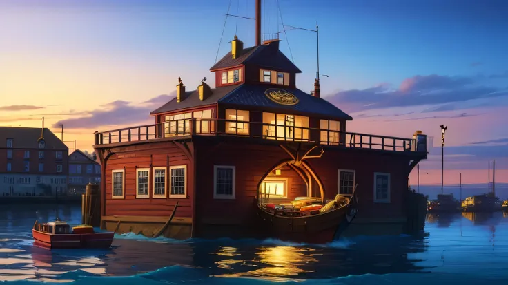 One Piece, a large fishshop at the dock, an immense floating fishshop,