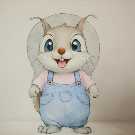 Drawing of a cartoon squirrel wearing blue overalls and a pink shirt, Cute forest creatures, Cute cartoon characters, Stereo,3D