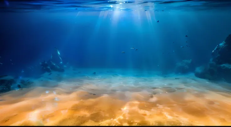 there is a large amount of water in the ocean with sunlight shining through the water, underwater ocean, bottom of ocean, deep underwater scene, under water scenery, underwater landscape, underwater perspective, photo of the middle of the ocean, deep sea l...