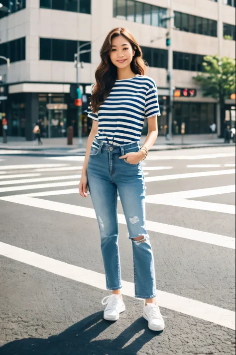 Top quality, 8K, Japanese mixed-race woman, long wavy brown hair, wearing a relaxed fit striped shirt and jeans, white sneakers, standing, looking at viewer, urban street background, full body, natural light
