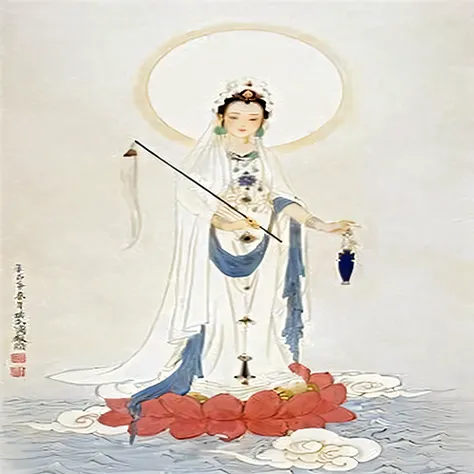 (a girl in a white dress holding a scepter, Guanyin, Guanyin of the southern seas, ancient Chinese goddess, white-haired deity, Amaterasu, ancient Chinese art style, bodhisattva, inspired by Lam Qua, by Du Qian, ancient Chinese beauty, by Du Qian, goddess)