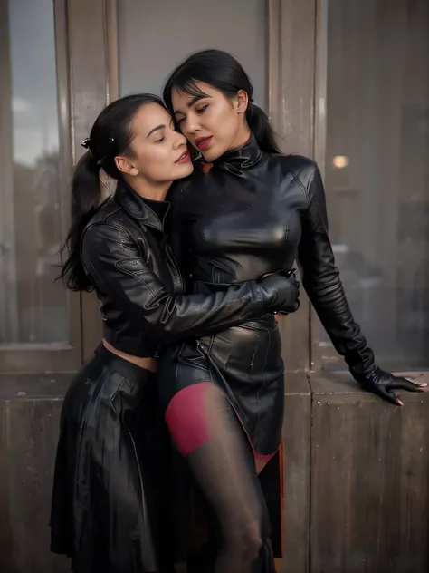 proFessional  photograph oF a gorgeous smiling happy soaked Bettie page girl and  her sister, (( grabbing from behind, kissing her on the neck,biting his ear )dressed with a large black leather coat,ponytail Black hair, red lipstick,black long maxi-skirt(b...