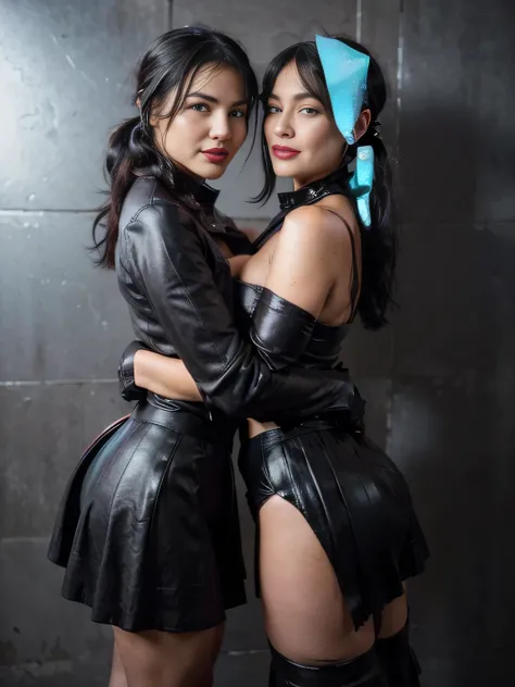 proFessional  photograph oF a gorgeous smiling happy soaked Bettie page girl and  her sister, (( grabbing from behind, kissing her on the neck,biting his ear )dressed with a large black leather coat,ponytail Black hair, red lipstick,black long maxi-skirt(b...