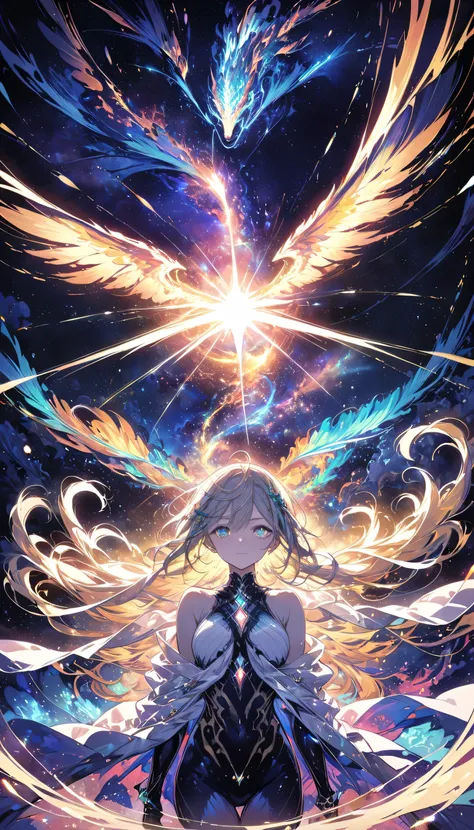 (masterpiece, highest quality, highest quality, Official Art, beautifully、aesthetic:1.2), (One girl), Highly detailed eyes, (Fractal Art:1.3), colorful, Most detailed, (Perfect Face), Shiny skin, High resolution, (White cloak, golden lines:1.2), Milky Way,...