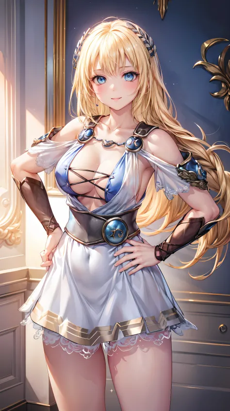 Very detailed、highest quality、Best image quality、masterpiece、8k、Anime Face、A kind smile、Open your mouth、Sparkling blue eyes、(Blonde:1.5)、(Put your hands on your hips:1.5)、Muscles of the whole body、Sophitia Alexandra