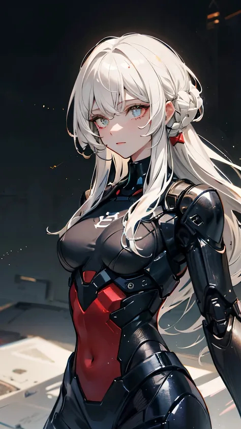 white hair, bangs, long hair, mole under eye, symbol-shaped pupils, cinematic lighting, chiaroscuro, textured skin, masterpiece, high details, super detail, A scene from a science fiction movie. A soldier who works in a city on a different planet from Eart...