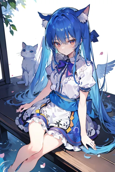 (masterpiece:1.2),ultra-detailed,realistic,expressive eyes,fair-skinned,perfectly shaped face,1girl,
Japanese cartoons,Gorgeous blue hair, flowing blue hair,floating clothes,cat ears,petals falling,beautiful Lola,Hina Angel,
hands on waist,gracefully sitti...