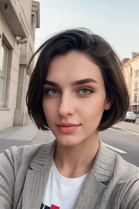 Instagram photo high quality, close-up face European sexy cute cute cute brunette 20 years old, grey eyes, white blazer, white trousers, black jumper, big head and short torso,