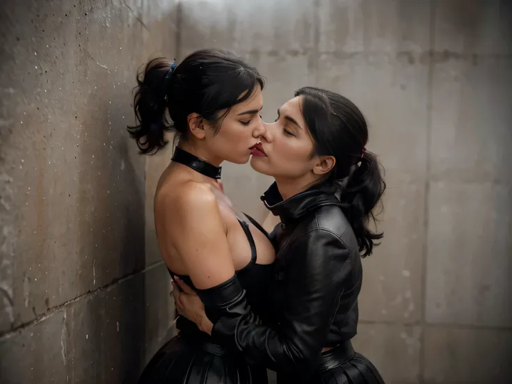 proFessional  photograph oF a gorgeous eyes closed soaked Bettie page girl and  her sister, (( pushed againts the wall,  grabbing her from behind, kissing her on the neck,biting his ear )dressed with a large black leather coat,ponytail Black hair, red lips...