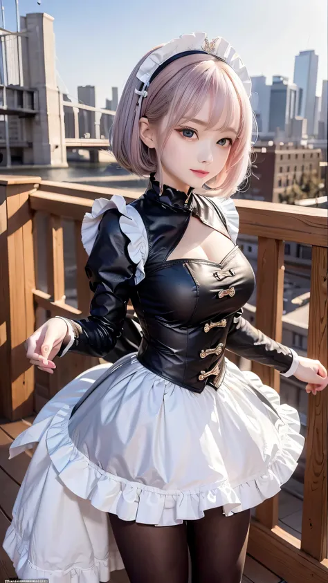 masterpiece, highest quality, figure, Fighting Pose, One girl, Noel Genshin Impact, Silver short hair, Green Eyes, Maid skirt with red side parts, Maid Knight, Maid Knight armor, City Bridge, water,