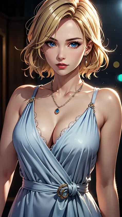 best quality, masterpiece, high resolution, A girl, Short blonde hair, light blue eyes, fashion clothing, necklace, jewelry, Pretty Face, Perfect breasts, more than_Body, Tyndall effect, lifelike, Dark Studio, Side lighting, Two-color lighting, (HD Skin:1....