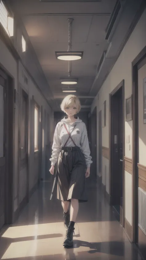 ((Inside the complicated room,dim rooms,)),one woman,20 years old woman,she’s wearing army style clothes,short blonde hair,she’s walking the corridor