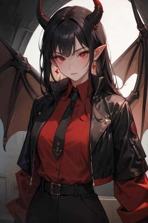 black hair, Girl, pointy ears, red eyes, wearing a jacket and leather cause, vampire, 4k, Black Dragon Horns
