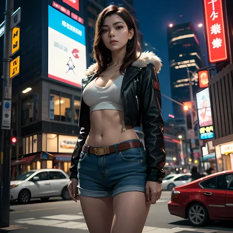 boutique,Best quality,Gold jewelry,(slip out of your feet),Fairy skin,(Loyalty :1.2),standing,Super detailed,realistic,high quality,cinema light,ray tracking,ultra HD,Upper body A girl in shorts and a jacket stands next to a giant robot, Gouvez style artwo...