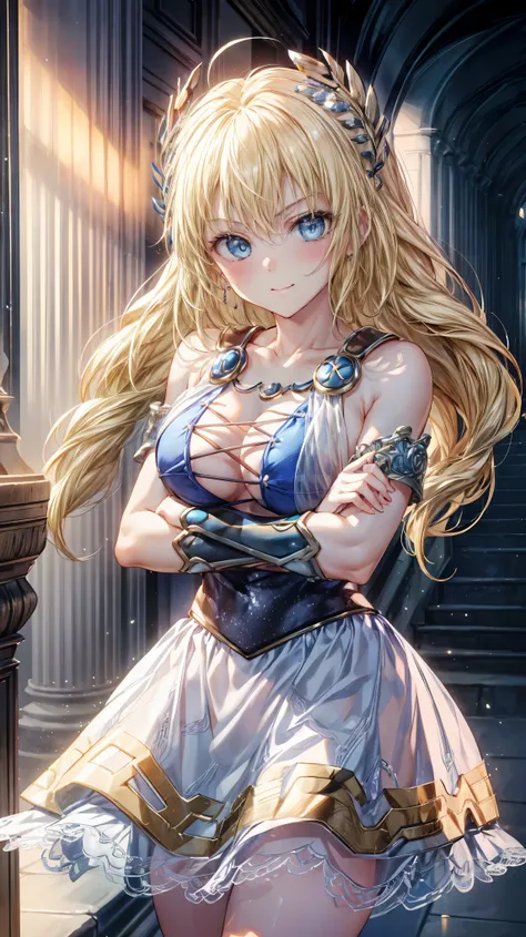 Very detailed、highest quality、Best image quality、masterpiece、8k、Anime Face、A kind smile、Open your mouth、Sparkling blue eyes、(Blonde:1.5)、(Arms crossed:1.5)、Muscles of the whole body、Sophitia Alexandra