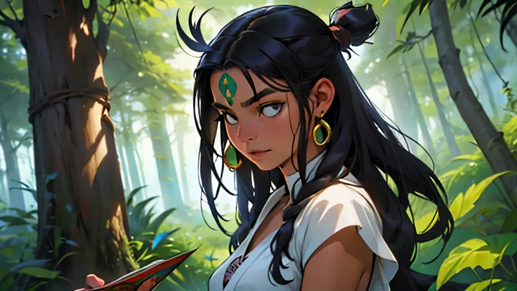 Crie uma personagem em estilo 2D, inspired by comic books. She is an indigenous woman of Brazilian origin, pertencente a uma tribo, and has magical abilities linked to earth manipulation, especificamente controlando folhas, trees and plants with their magi...