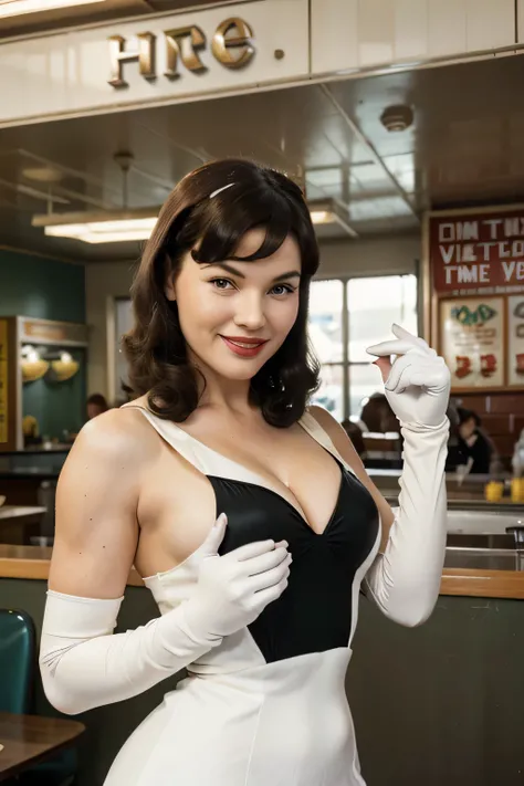 masterpiece photo, ((retro vintage)), photography, ((1940s vibe)), year 1930, 40 years old Bettie page, vintage white sleeveless dress, white gloves, long sleeves, wavy hair, hd, color image, short hair, winter, brunette, smile, in a fast food,