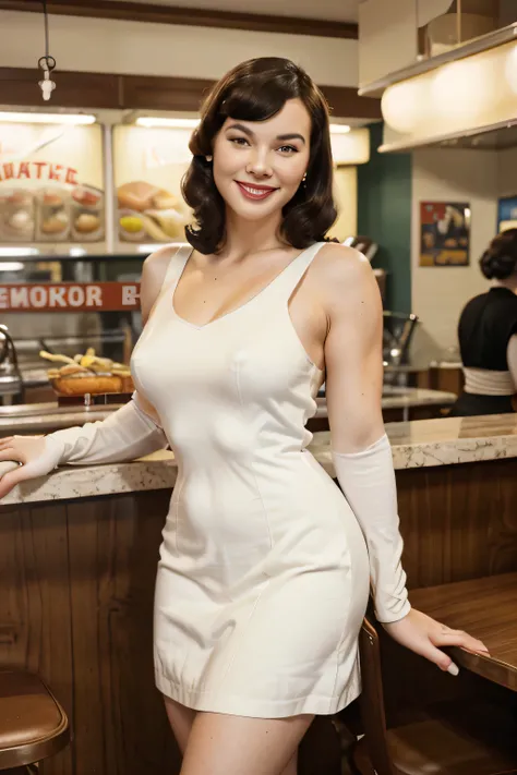 masterpiece photo, ((retro vintage)), photography, ((1940s vibe)), year 1930, 40 years old Bettie page, vintage white sleeveless dress, white gloves, long sleeves, wavy hair, hd, color image, short hair, winter, brunette, smile, in a fast food,