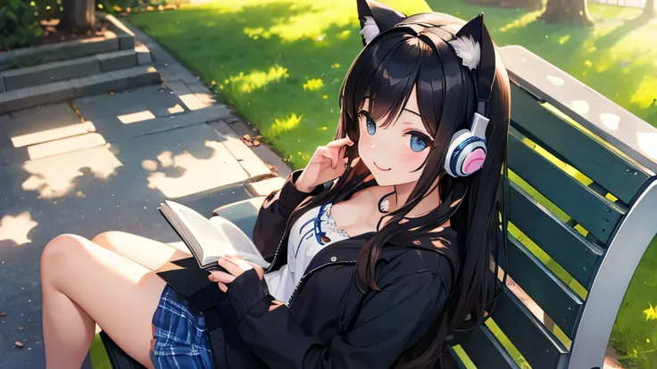 A beautiful girl with cat ears and headphones reading a book on a park bench、Sunlight shining through the trees、Cat by the side、Cute clothes、The mouth is smiling