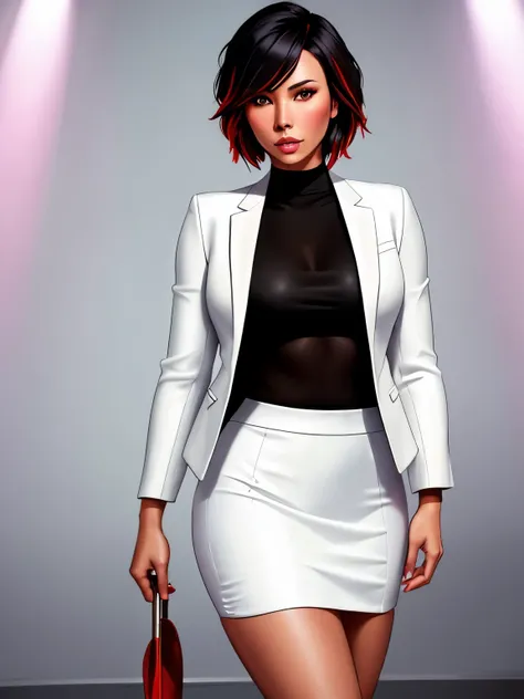 Lexa Doig, short bobcut black hair with red streaks,high quality,resolution:8k,realistic,beautiful detailed eyes,beautiful detailed lips,white suit,pencil skirt,high heels,vivid colors,portraits,studio lighting
