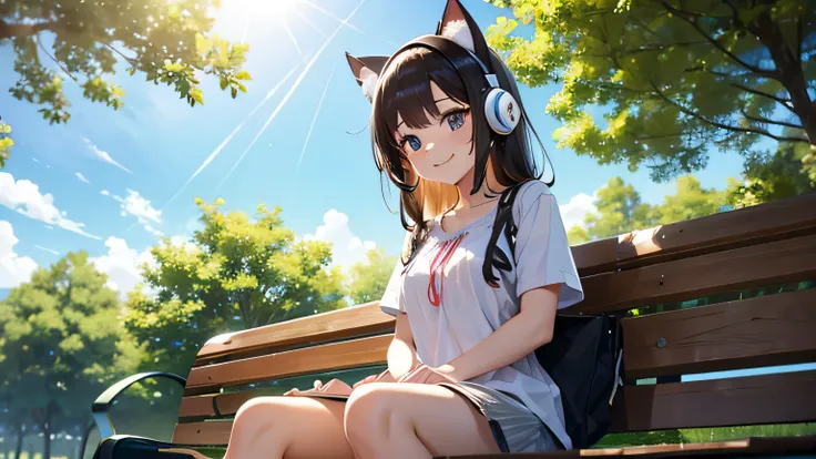 Beautiful girl with cat ear headphones listening to music on a park bench、Sunlight shining through the trees、Cat in front of you、early summer clothes、smile