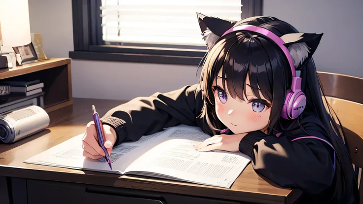 A beautiful girl with cat ears and headphones studying with a pen、Desk in my room、It&#39;s dark in the night、Cute clothes