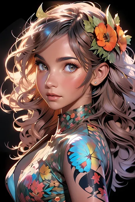 Charlie Bowater realistic Lithography sketch portrait of a woman, butterflies shaped like flowers and leaves, butterflies, flowers, warm colors, [gears], pipes, dieselpunk, multi-colored ribbons, old paper texture, highly detailed, peaceful and beautiful, ...