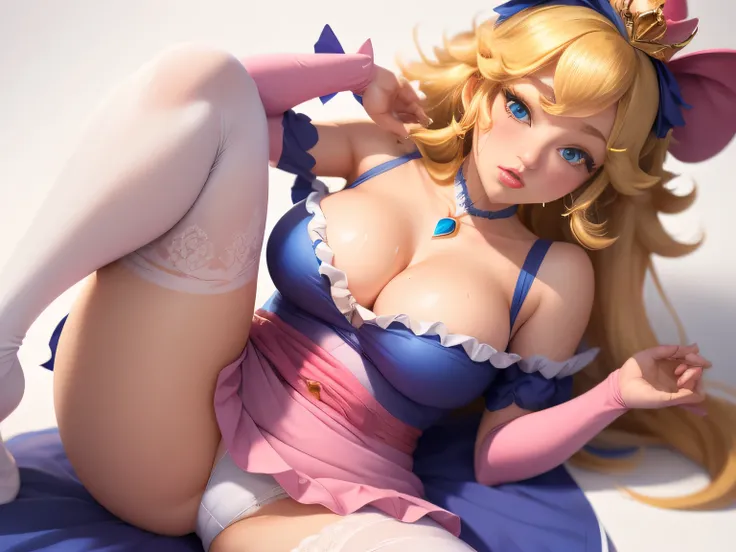 Princess Peach, blue eyes stunning proportions, pink dress, white background, long hair, extremely detailed, (frills), full body shot, cleavage, spread legs, on back, pink thighhighs, sweating, wet, blush, in love with the viewer, white panties