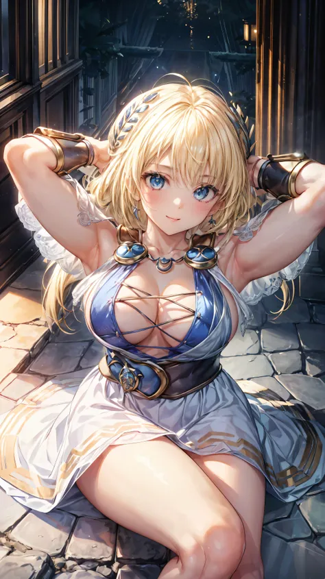 Very detailed、highest quality、Best image quality、masterpiece、8k、Anime Face、A kind smile、Open your mouth、Sparkling blue eyes、(Blonde:1.5)、(Fold your arms above your head:1.5)、Muscles of the whole body、Sophitia Alexandra