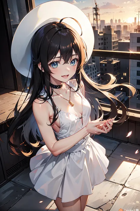 Shana,灼眼のShana,Ahoge,Long Hair,Black Hair, black eye, Small breasts,smile,blush,Open your mouth,Sleeveless dress,Exposing shoulders,bare clavicle,Bare neck,Rocket Pendant,White Hat,Long skirt,Cute heeled sandals,Looking down from above,sunset,evening,The s...