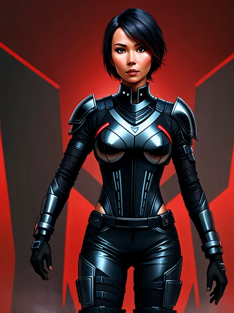 Lexa Doig, short bobcut black hair with red streaks,sleek futuristic outfit, carbon fibre
