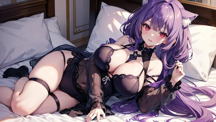 Wolf Girl, Large Breasts, voluminous purple hair, masterpiece , Red eyes, hd, Head to Chest, buried in my chest、Underboobs、Double teeth,, On the bed、Thick thighs、baby doll