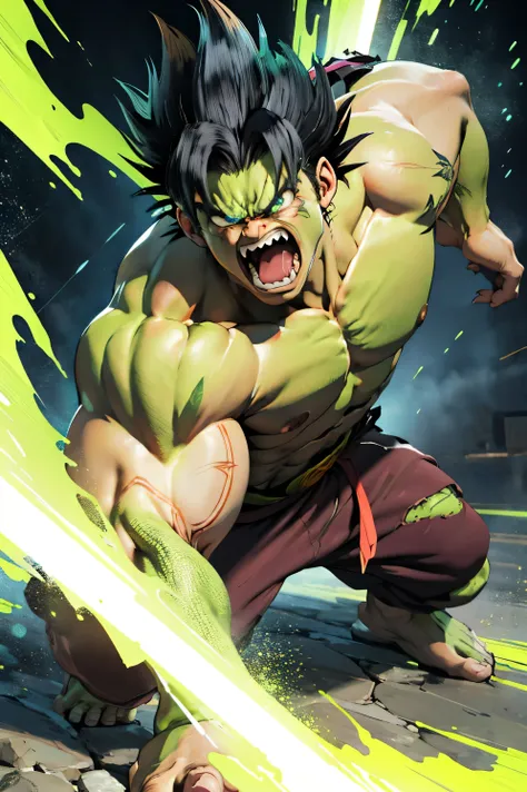 Dbz broly merge with hulk beast ultra ego mix, fighting poses, green eyes, angry(hulk), angry face, sharp teeth standing on, releasing green and blue aura