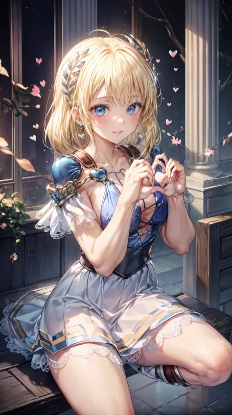 Very detailed、highest quality、Best image quality、masterpiece、8k、Anime Face、A kind smile、Open your mouth、Sparkling blue eyes、(Blonde:1.5)、(Making a heart with hands:1.5)、Muscles of the whole body、Sophitia Alexandra