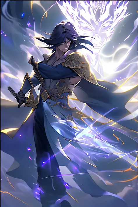 male，Costume，whole body，Holding a long sword，Magical World，Rich in light and shadow，Rich details，Magic light effects，Determined expression