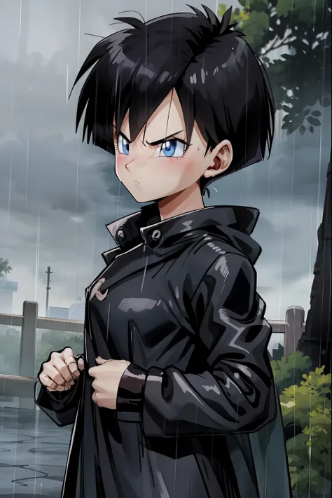 Videl,Long raincoat,Black Raincoat,California city,blush,Serious face,blue eyes,rain,fog