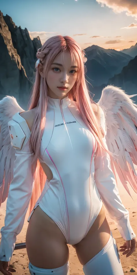 ((masterpiece, best quality, extremely detailed), volumetric lighting, ambient occlusion, colorful, glowing), 
1girl, solo, young girl, (pink hair), long hair, halo, aura, sacred, godness, cyber suit, (white outfit:1.3), android, bot, angel wings,
outdoors...