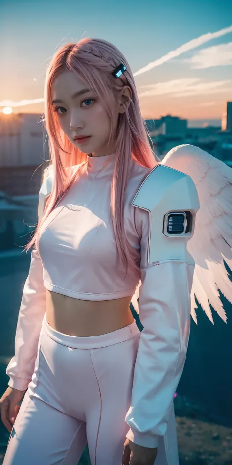 ((masterpiece, best quality, extremely detailed), volumetric lighting, ambient occlusion, colorful, glowing), 
1girl, solo, young girl, (pink hair), long hair, halo, aura, sacred, godness, cyber suit, (white outfit:1.3), android, bot, angel wings,
outdoors...