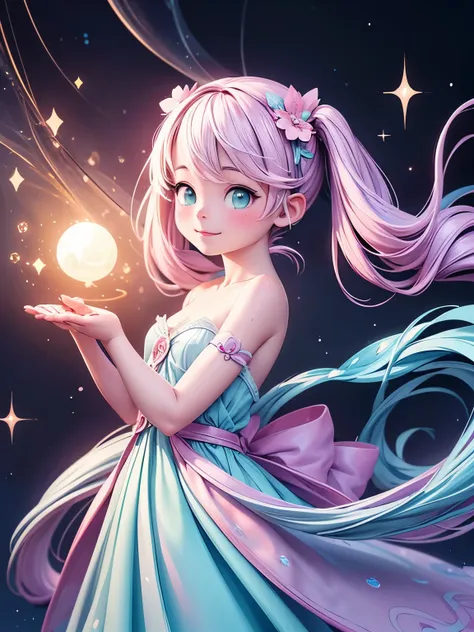 (masterpiece、highest quality、highest quality、Official Art、Beautiful and beautiful:1.2)、(One girl:1.3)Hatsune Miku、Twin tails,Big Breasts,beautiful girl,  White ball gown, Vibrant pastel colors, (colorful), long flowing liquid pink hair, Magic lights, spark...