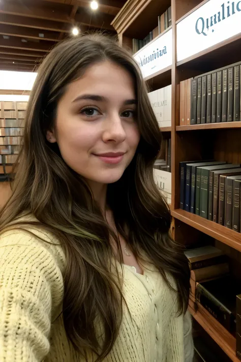 A young woman with long, wavy brown hair and bright green eyes, takes a selfie in front of a digital library filled with books in 4k high definition. The librarys shelves stretch high above her, casting warm, voluminous lighting on her face. Her casual out...