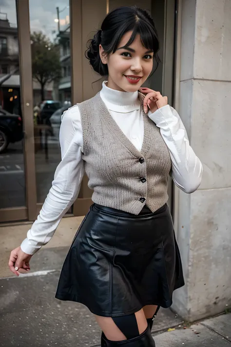 beautiful girl that looks like bettie page, smile, updo, wearing a skirt, high boots, and a long woolen vest