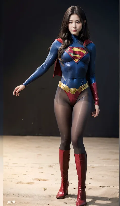 No background、(((Beautiful legs in black tights.)))、(((Legally express the beauty of your smile)))、((((Make the most of your original images)))、(((Supergirl Costume)))、(((Beautiful Hair)))、(((suffering)))、(((Please wear black tights....、Wear red boots)))、(...