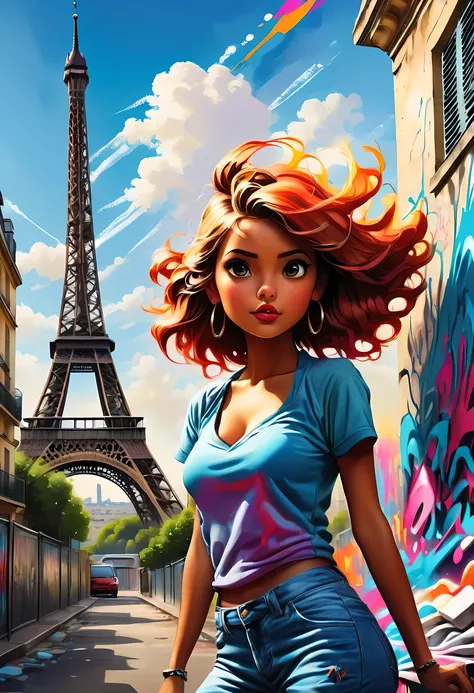 Graffiti Comics，Graffiti, wall,Paris, Eiffel Tower, complete picture, High resolution and high contrast,simple,girl，(best quality,high resolution,masterpiece:1.2),Super detailed,actual, high dynamic range,studio lighting,Physically based rendering,bright c...