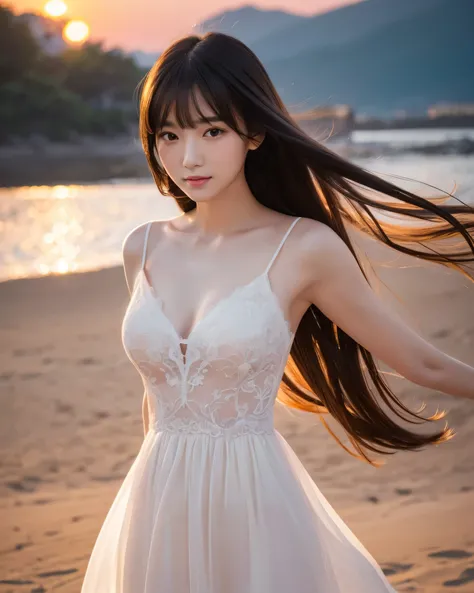 (highest quality, 32k, High resolution, Masterpiece:1.5), Beautiful Japanese Girl, An exceptionally beautiful face, Full body shot, Perfect Human Anatomy, Shiny black hair, Intricately messy super long straight silk hair, long bangs with asymmetry, Hair be...