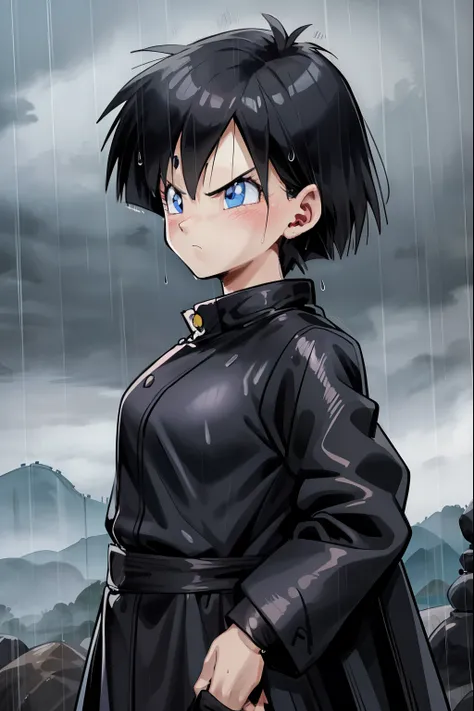 Videl,Long raincoat,Black Raincoat,California city,blush,Wet,Serious face,blue eyes,rain,fog,