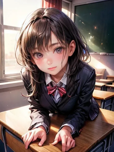 masterpiece:1.2, highres,8k, ultra-detailed:1.2, photorealistic:1.37, cute girl, full-body visible:1.2, a cute girl Push butt up and lean forward, in classroom on the desk and looking at viewer(perspective depiction), beautiful delicate (hair, face, eyes, ...