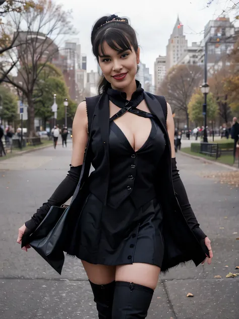 beautiful girl that looks like Bettie page, smile, updo, ponytail hair, wearing a skirt, black satin gloves,high boots, ((and a long woolen vest )), flirting with the camera, hand bag on her shoulders, walkin on central park,