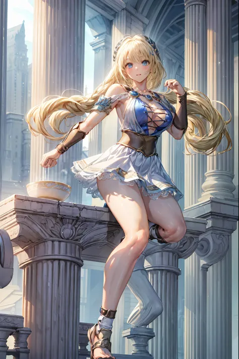 Very detailed、highest quality、Best image quality、masterpiece、8k、Anime Face、A kind smile、Open your mouth、Sparkling blue eyes、(Blonde:1.5)、(M-shaped legs:1.5)、Muscles of the whole body、Sophitia Alexandra