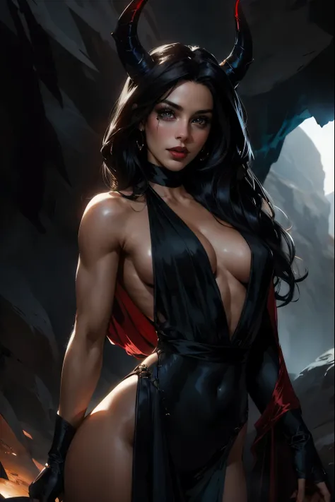 Masterpiece, Sarah Shahi, upper body shot, standing in dark cave, wearing black sexy silk dress, horns on head, perfect detailed eyes, red lips, fog, evil face, 