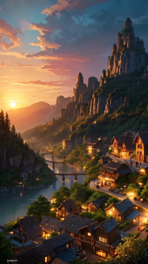 Highest quality,Fantasy,village,Sunset